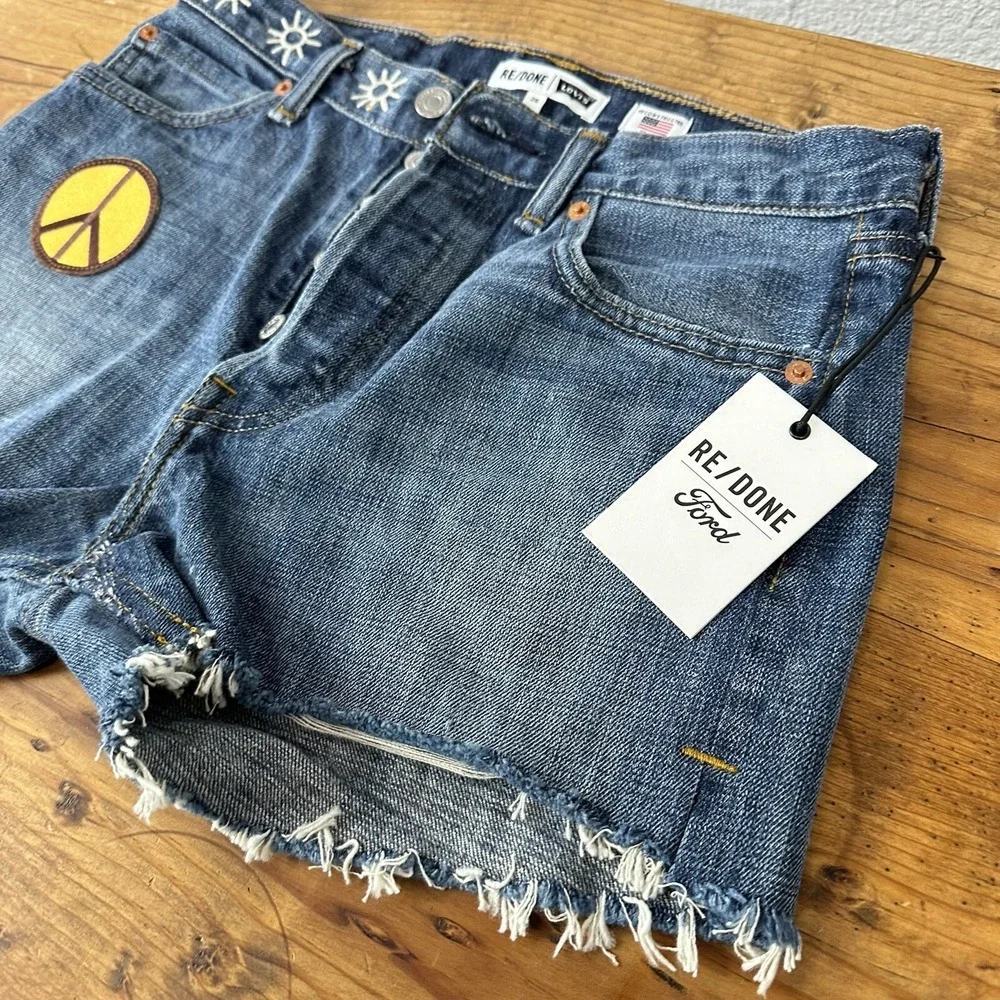 RE/DONE Levi's x Ford Jean Shorts 26 Patches Indigo Reconstructed Retail‎ $350